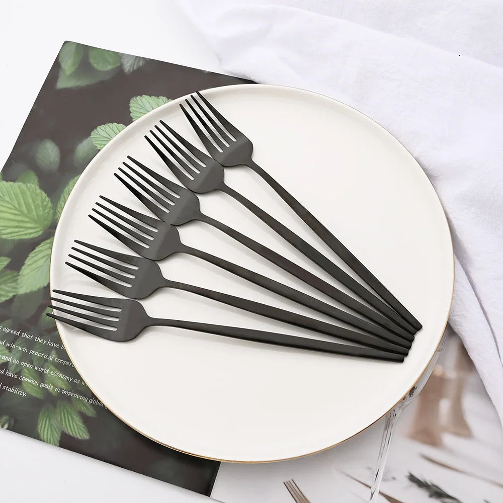 4/6/12/16/24Pcs Set de vaisselle et couverts noirs, comprenant fourchette, couteau, et petite cuillère, ensemble complet pour cuisine en acier inoxydable