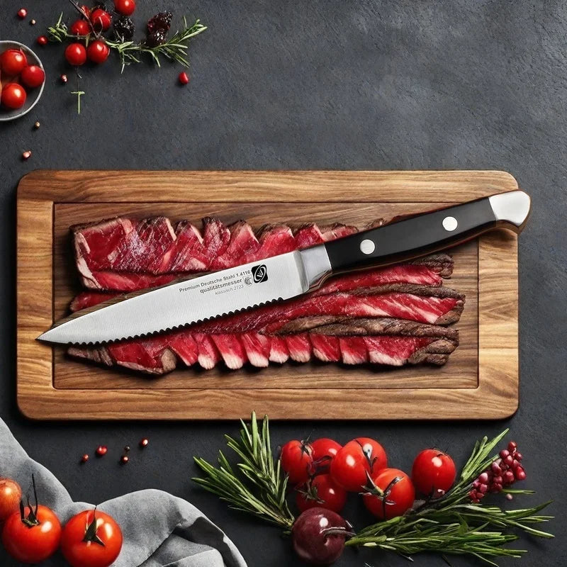 Couteau à steak avec base en bois, manche en acier inoxydable hautement poli, couteau de table haut de gamme de style occidental avec lame dentelée.