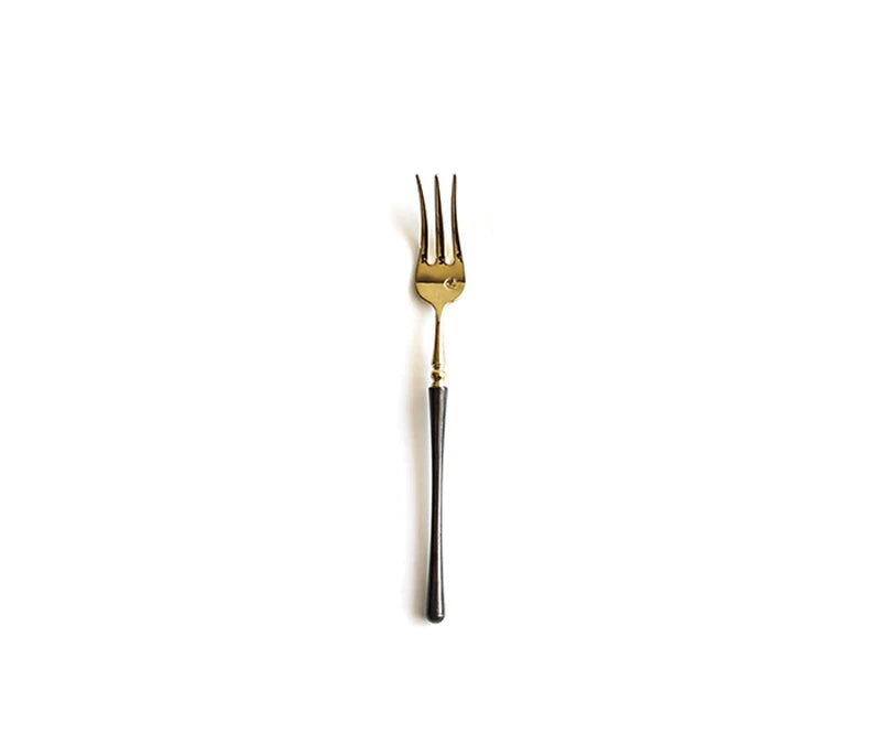 Couverts de cuisine en acier inoxydable doré , ensemble de couverts pour steak, café, dessert, vaisselle avec manche noir, couteau , fourchette et cuillère