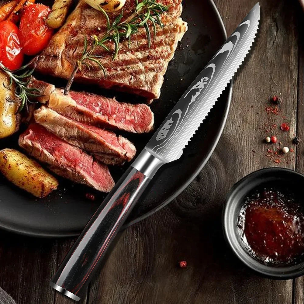 Ensemble de couteaux à steak en acier inoxydable Damas, couteau à découper la viande type couperet, parfait pour les restaurants occidentaux et les repas.