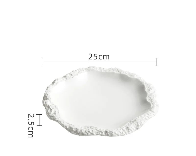 Assiette plate en céramique à motif roche, assiette à légumes, vaisselle domestique, assiette plate peu profonde, nouvelle collection 2025 pour hôtel, vaisselle au style ins, assiette à bord ondulé.
