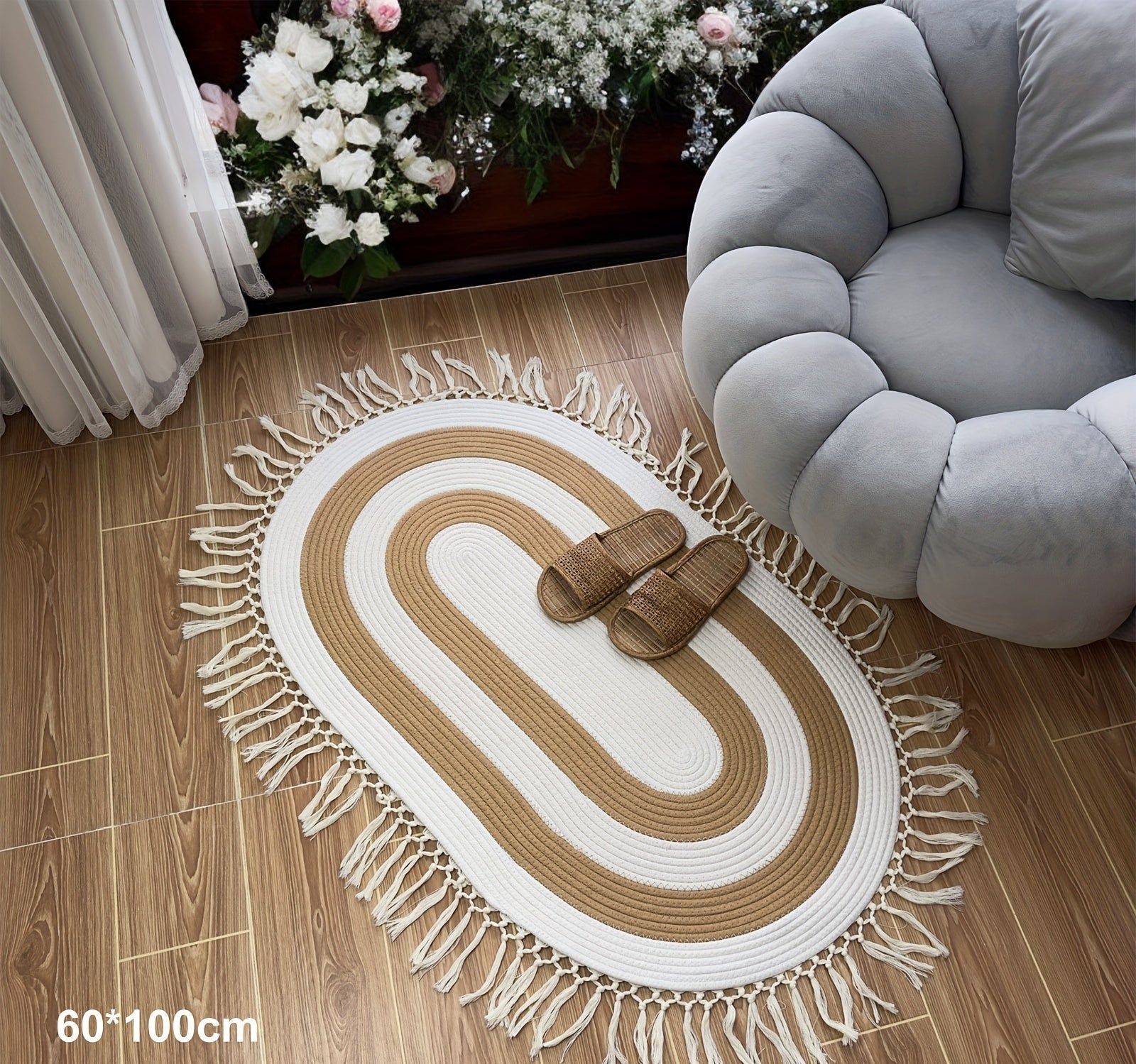 Tapis de sol ovale à rayures bicolores de style bohème avec franges