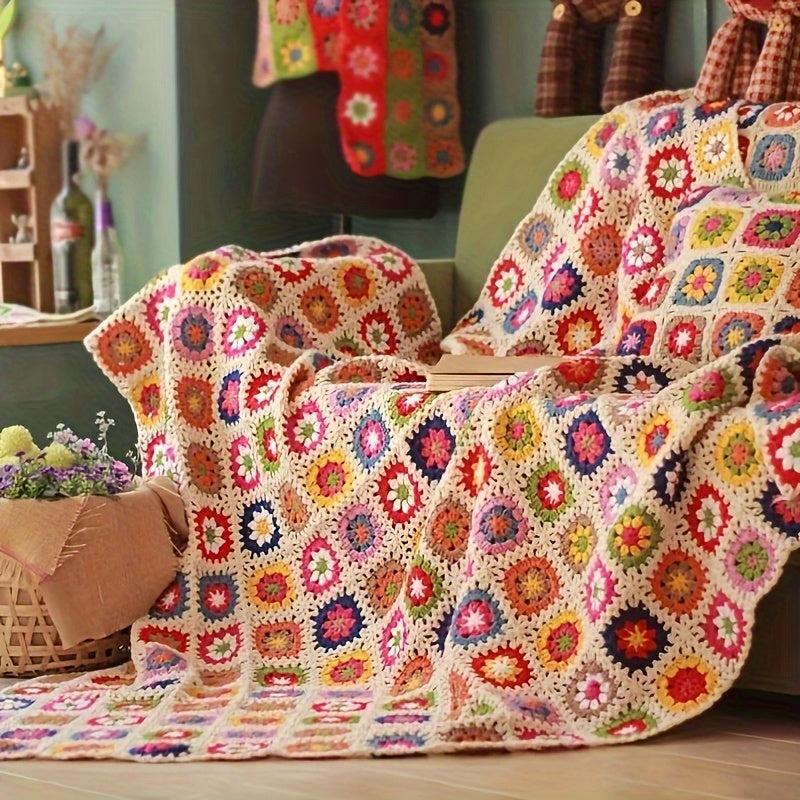 Plaid tricoté à la main motif floral – Jeté crocheté douillet avec design marguerite, parfait comme couverture de canapé ou de lit, confort toutes saisons