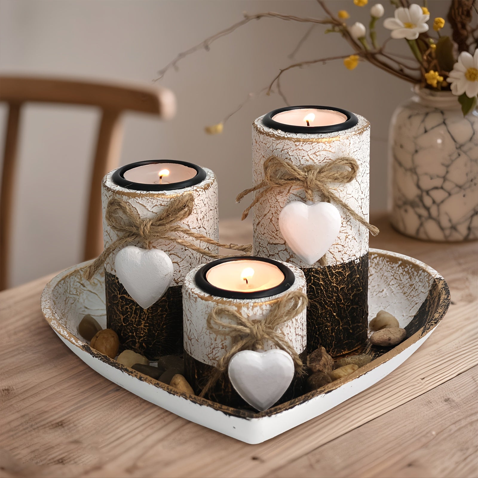Set de 3 Bougeoirs en Bois Blanc avec Cœur – Support à Bougies , Plateau Décoratif en Forme de Cœur, Cadeau de Noël et Saint-Valentin