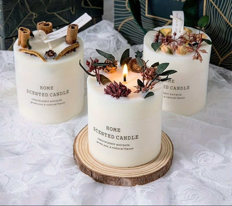 Bougie florale premium de 270 g avec fleurs séchées. Bougie décorative parfumée à la cire de soja, idéale pour la maison ou comme cadeau de Saint-Valentin.