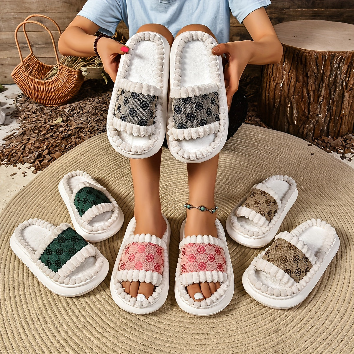 Chaussons à enfiler antidérapants pour femme en EVA à rayures – semelle intérieure et doublure en tissu confortable, semelle extérieure en EVA durable, chaussons d’intérieur décontractés avec protection des orteils.