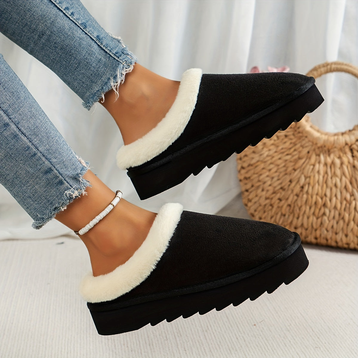 Chaussons décontractés pour femme automne et hiver, à enfiler, avec fausse fourrure, confortables pour l’intérieur et l’extérieur, semelle épaisse.