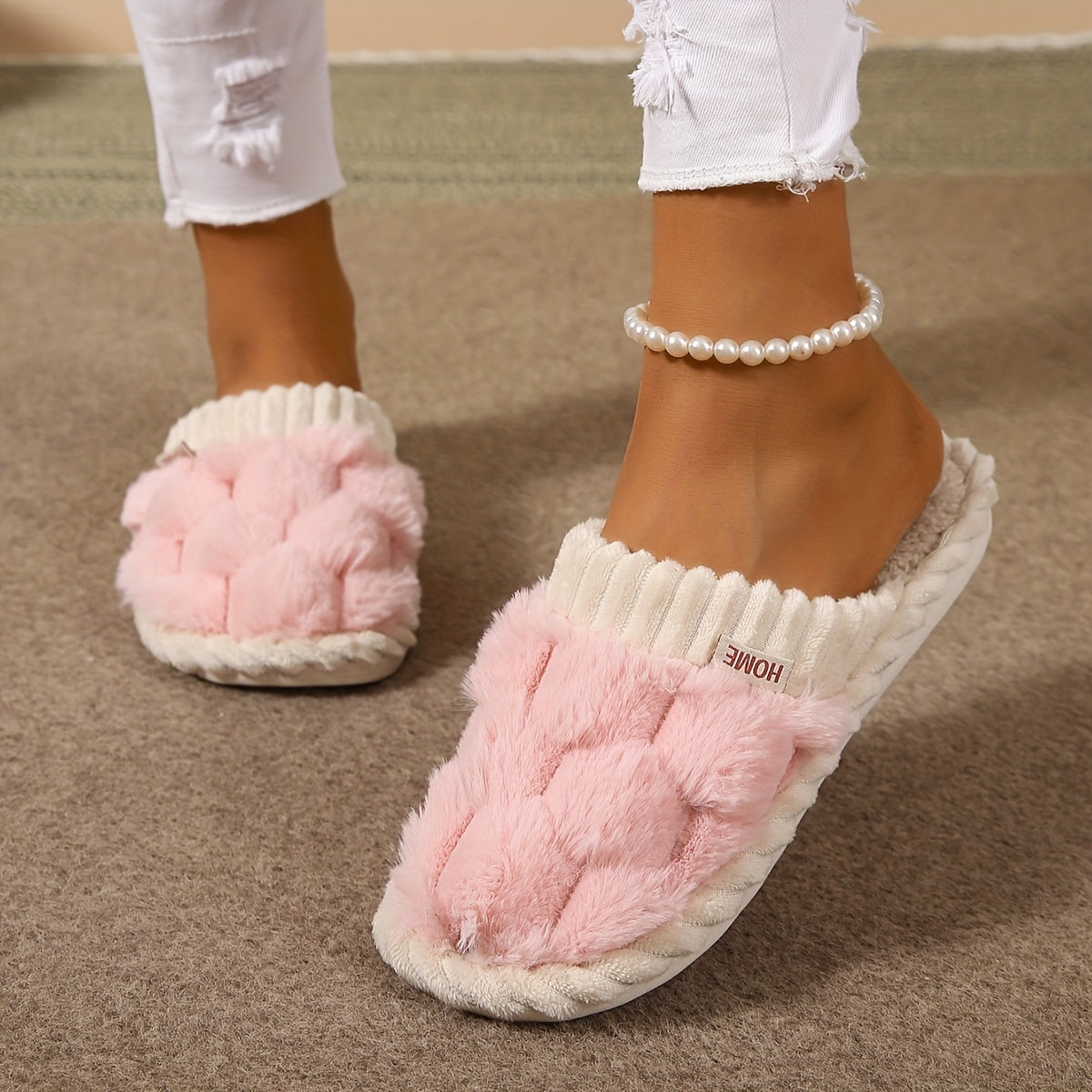 Chaussons d'intérieur à fourrure synthétique bicolore, chaussures décontractées à enfiler, doublées en peluche, confortables pour la maison.