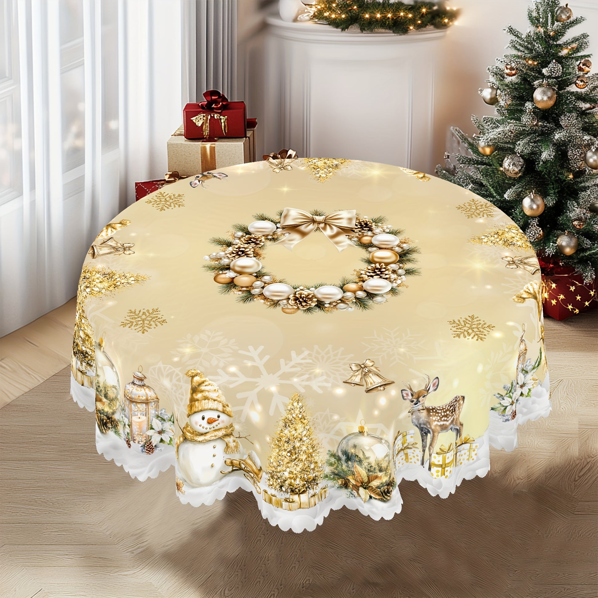 Nappe de Noël rustique en polyester, doré et blanc, motif vintage bonhomme de neige et renne