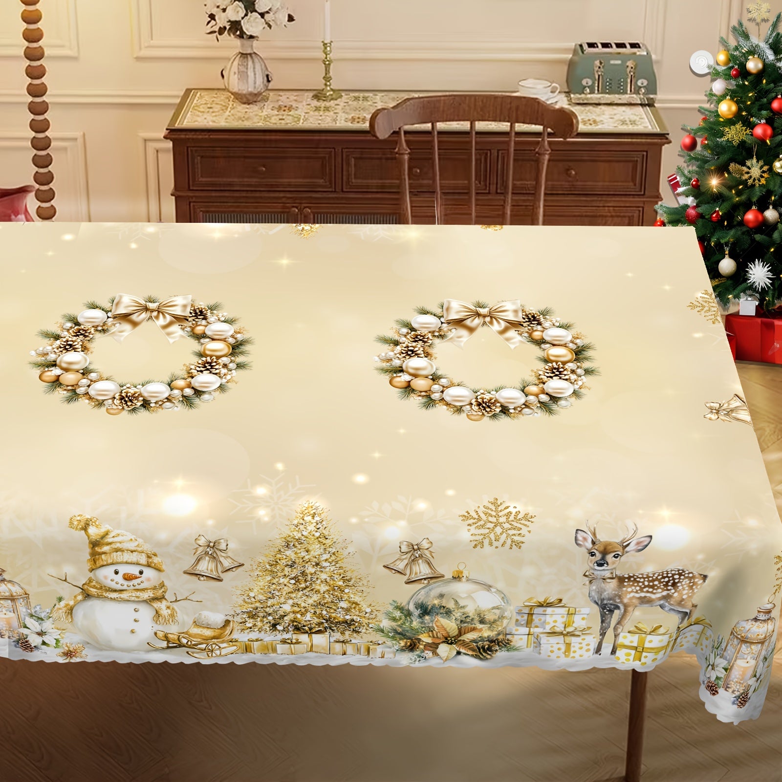 Nappe de Noël rustique en polyester, doré et blanc, motif vintage bonhomme de neige et renne