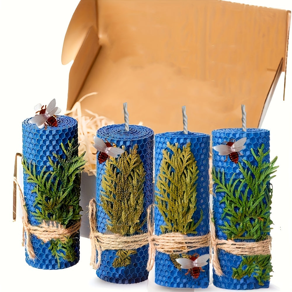 Lot de 4 bougies en cire d'abeille Violet / Bleu / Rouge / Jaune dans une boîte cadeau – Bougies ovales à une mèche, parfum miel avec fleurs séchées et pour une douce lumière nocturne, avec support à bougie inclus.