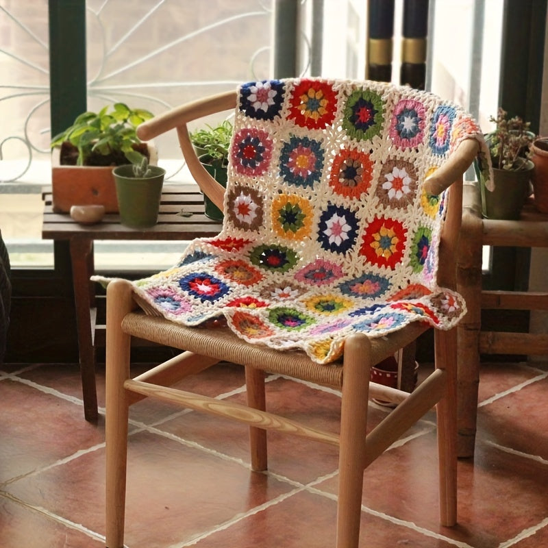 Plaid tricoté à la main motif floral – Jeté crocheté douillet avec design marguerite, parfait comme couverture de canapé ou de lit, confort toutes saisons