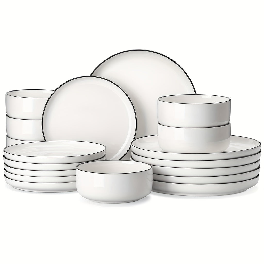 Service de vaisselle en porcelaine blanc ivoire 18 pièces avec assiette plate, assiette à dessert et bol à salade, pour 6 personnes.