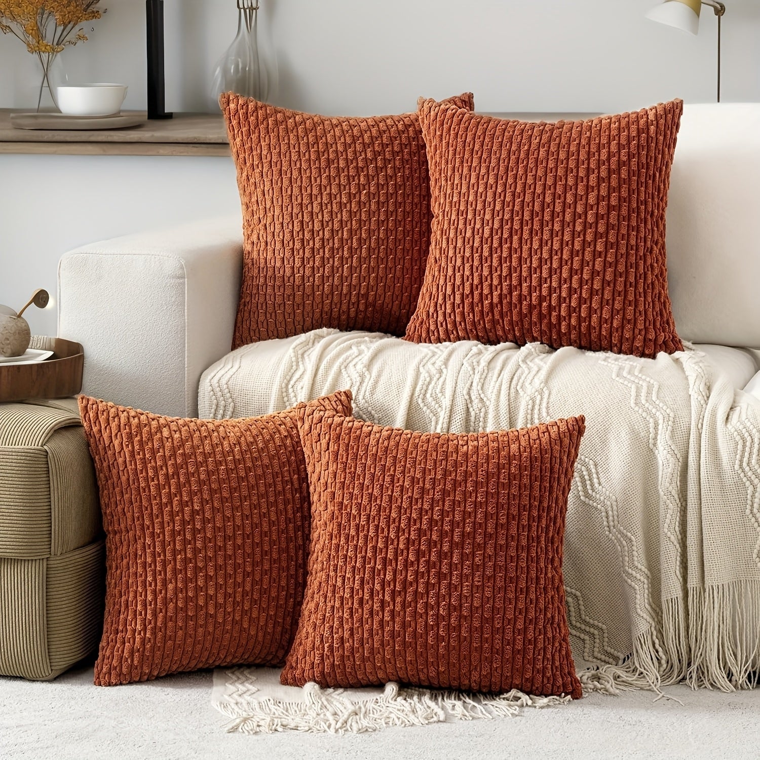 4 housses de coussin en peluche rayées – Style bohème chic et maison de campagne, doux polyester, fermeture éclair, lavables en machine – Idéales pour la décoration du canapé