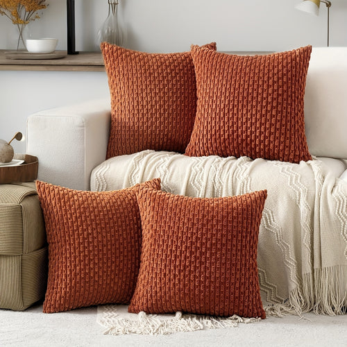4 housses de coussin en peluche rayées – Style bohème chic et maison de campagne, doux polyester, fermeture éclair, lavables en machine – Idéales pour la décoration du canapé