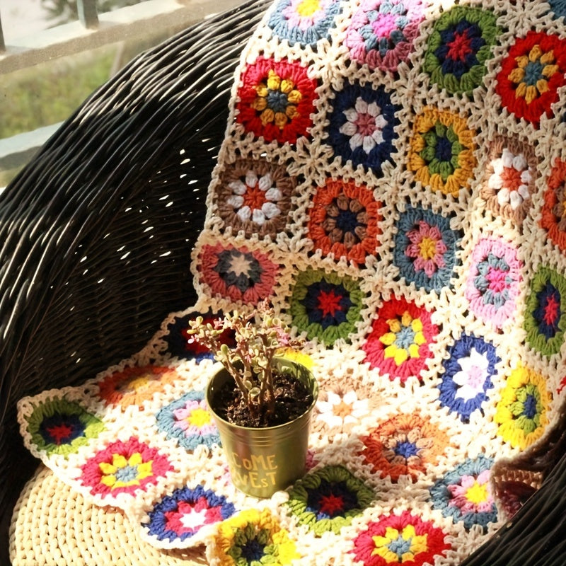 Plaid tricoté à la main motif floral – Jeté crocheté douillet avec design marguerite, parfait comme couverture de canapé ou de lit, confort toutes saisons