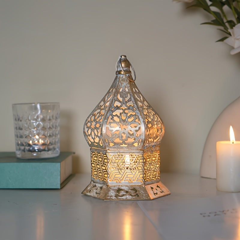 Lanterne décorative élégante blanche à bords dorés – motifs floraux délicats, base en fer robuste, idéale pour les mariages, Noël et la décoration intérieure – Bougie non incluse, porte-bougie.
