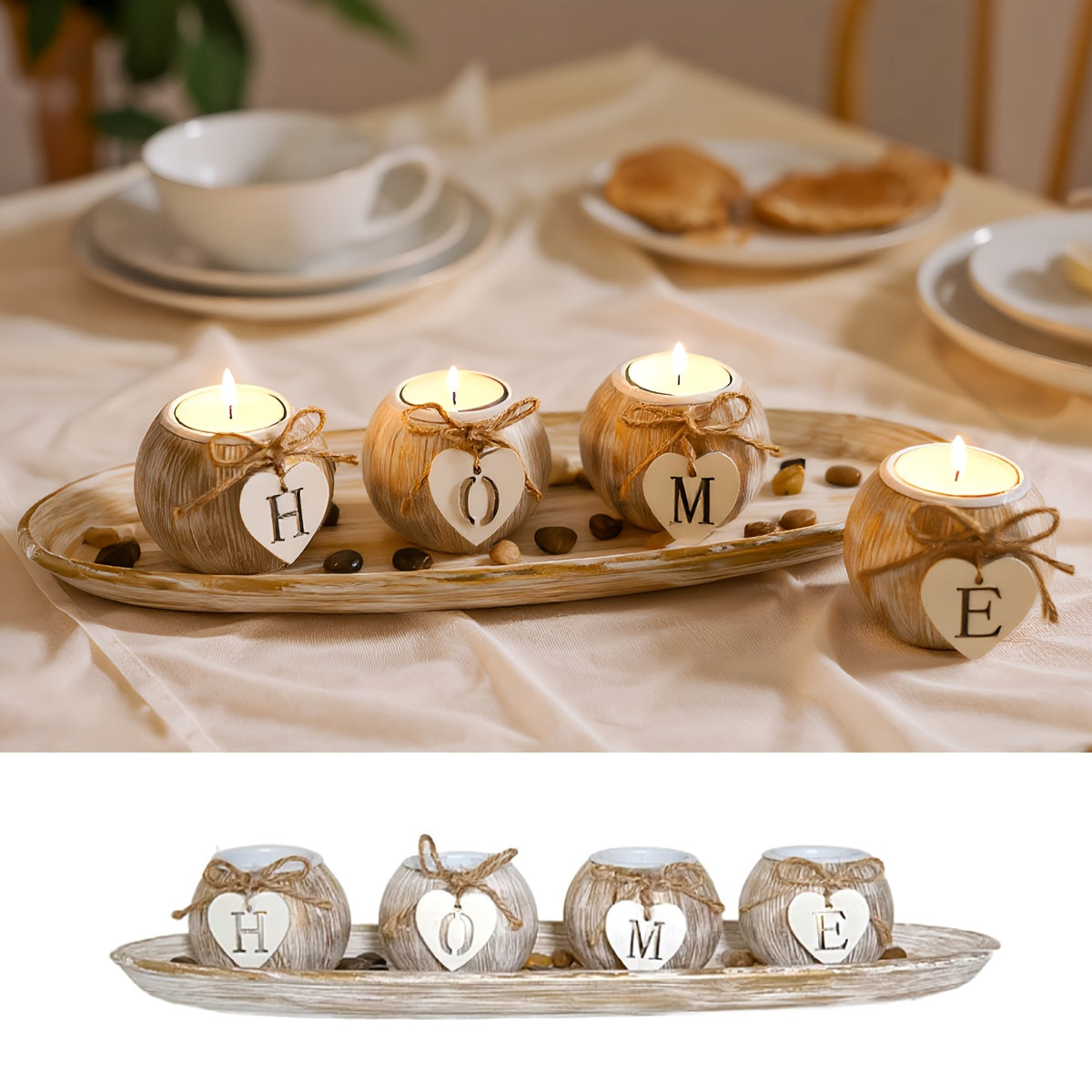 Ensemble de bougeoirs décoratifs HOME en bois artificiel effet marbre blanc et doré – Centre de table rustique style ferme, support élégant pour bougies  Set de chandeliers décoratifs avec lettres ajourées et finition pierre.