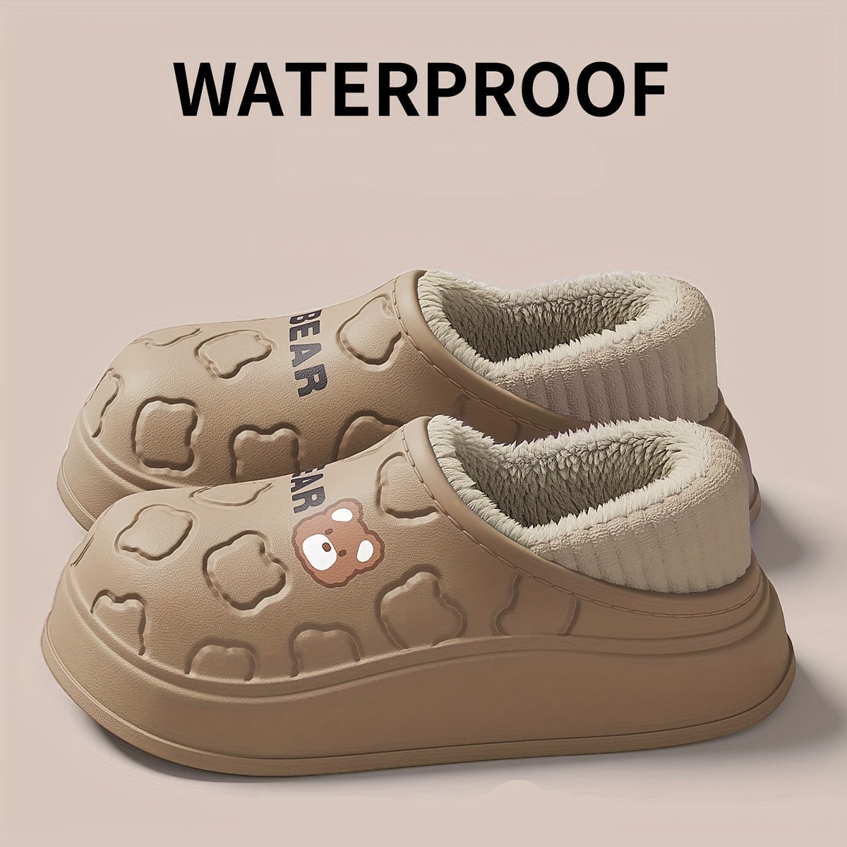 Pantoufles ours imperméables, chaussons à enfiler douillets et chauds avec doublure peluche, usage intérieur et extérieur pour l'hiver