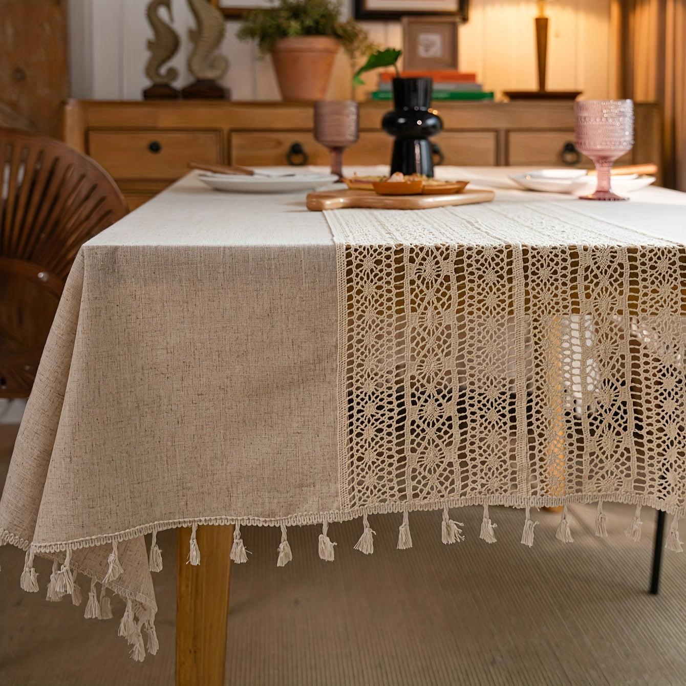Nappe en lin, nappe bohème purement faite à la main au crochet, nappe rétro en chanvre à empiècement ajouré beige avec franges, adaptée pour table de Noël, pique-nique, décoration anti-poussière, décoration de pièce.