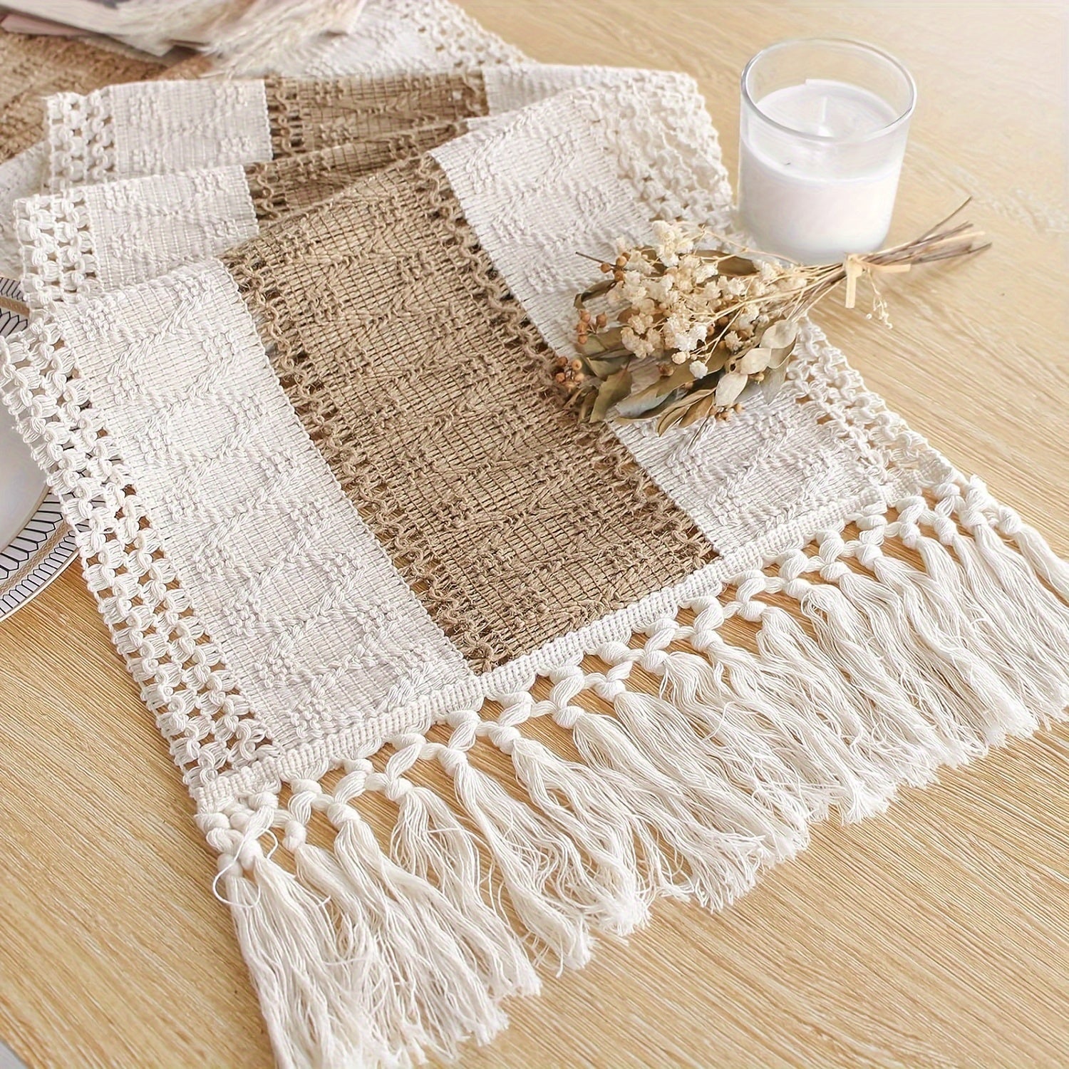 Chemin de table à pampilles style bohème, 1 pièce en coton et lin tissé à rayures, longue bande en fil de jute pour décoration de table de salle à manger, idéale pour mariage, fournitures de fête et décoration de vacances