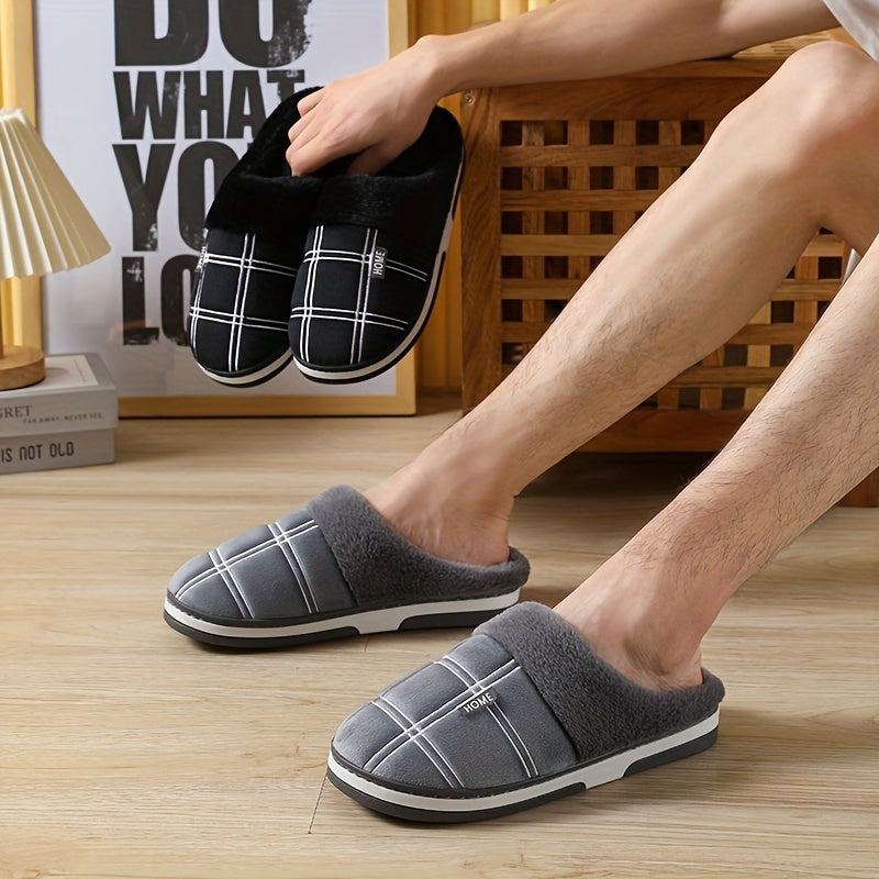 Chaussons pour hommes , classiques à carreaux, ajourés et duveteux, confortables avec semelle thermique antidérapante en caoutchouc, à enfiler pour la chambre, hiver et automne.