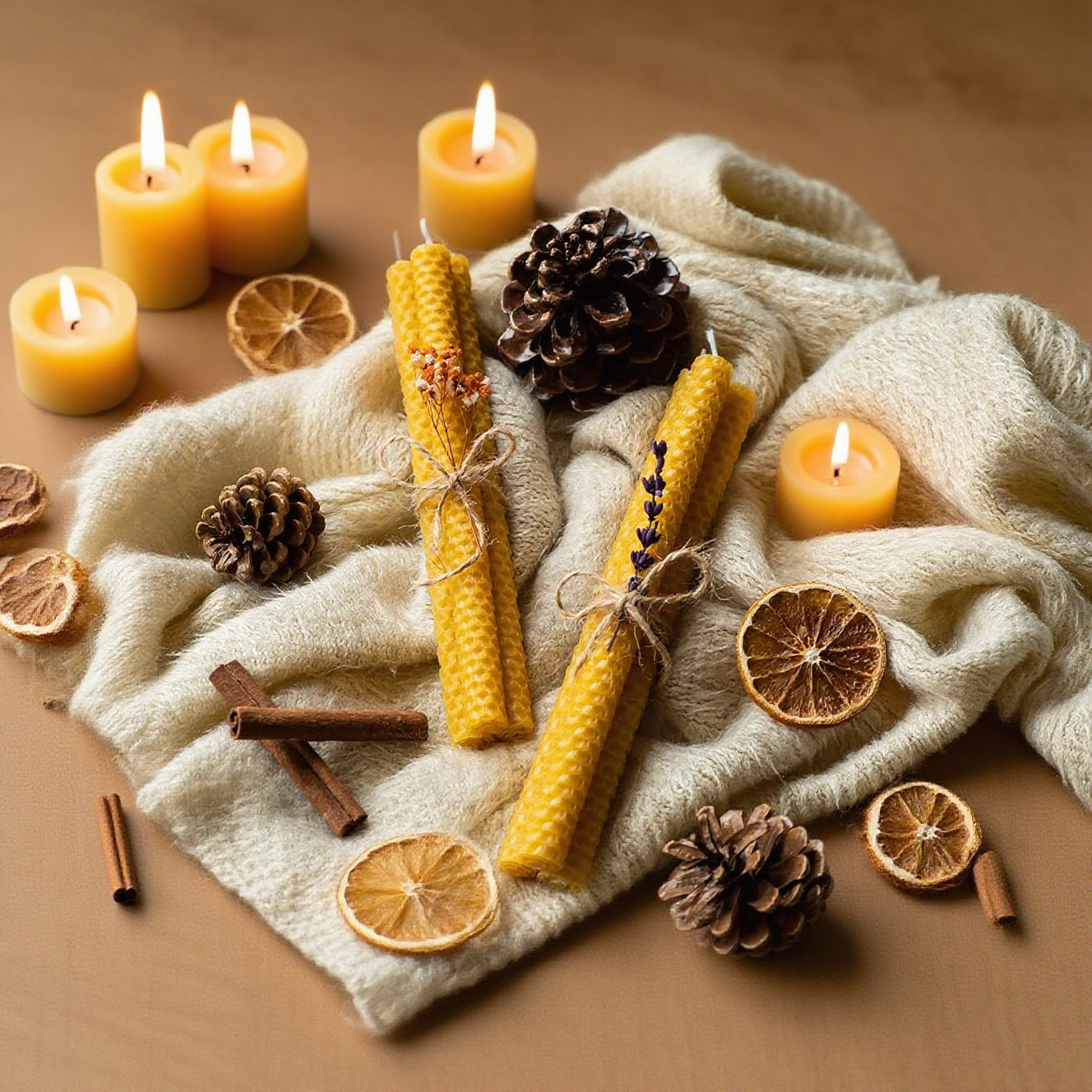 Ensemble de 20 bougies artisanales en cire d’abeille avec texture en nid d’abeille . Bougies effilées élégantes . Combustion propre et longue durée.