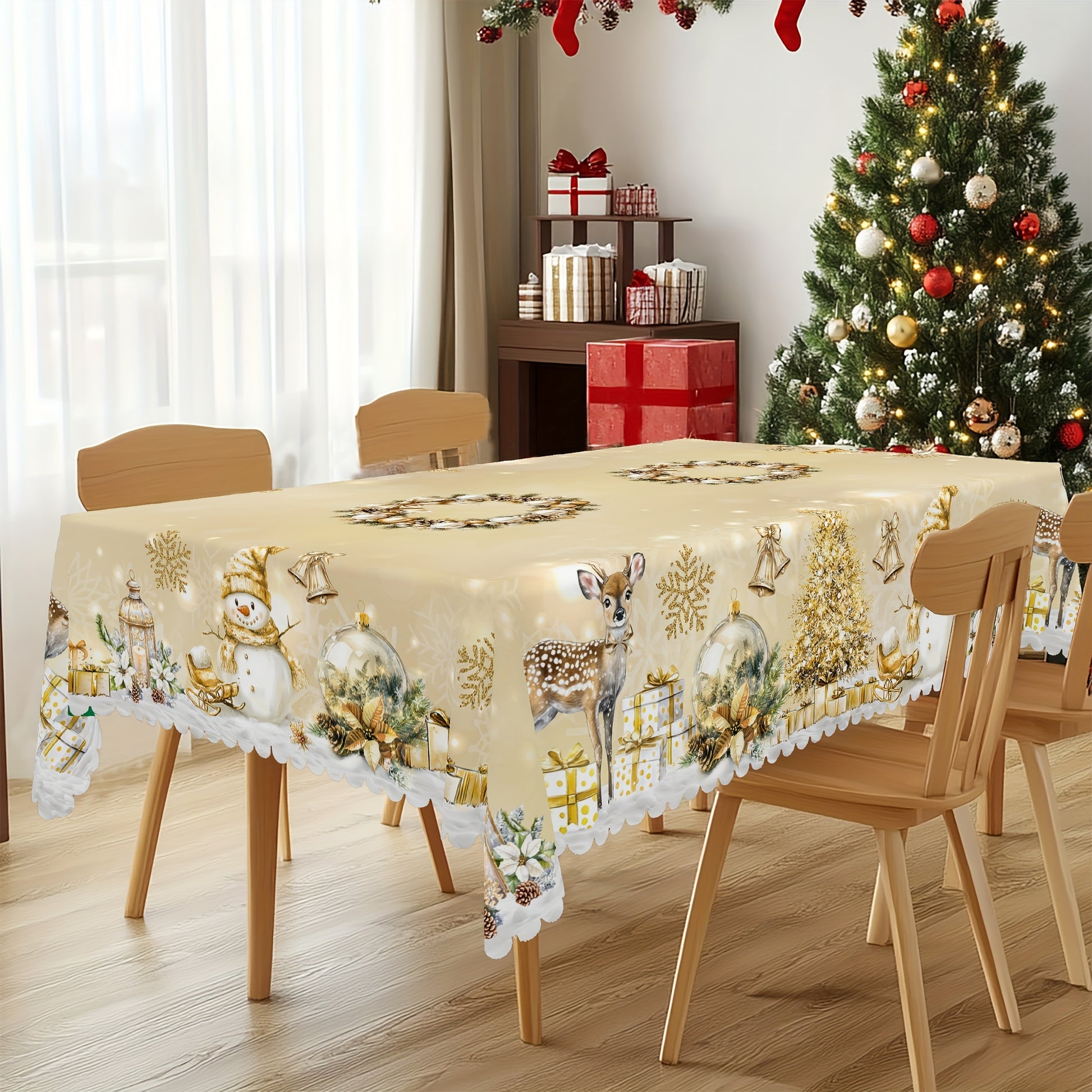 Nappe de Noël rustique en polyester, doré et blanc, motif vintage bonhomme de neige et renne