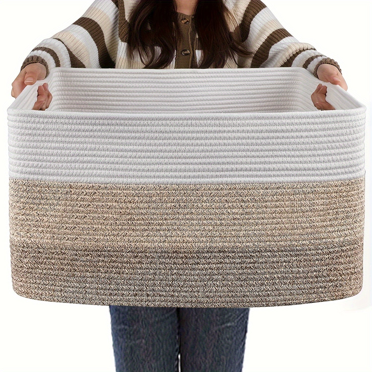 Panier en matériau doux grand format, panier rectangulaire tissé pour rangement, panier à couvertures pour chambre de bébé ou salon, panier à linge avec poignée, grands paniers pour organisation - dimensions 50x38x28 cm - couleur jaune et noir.