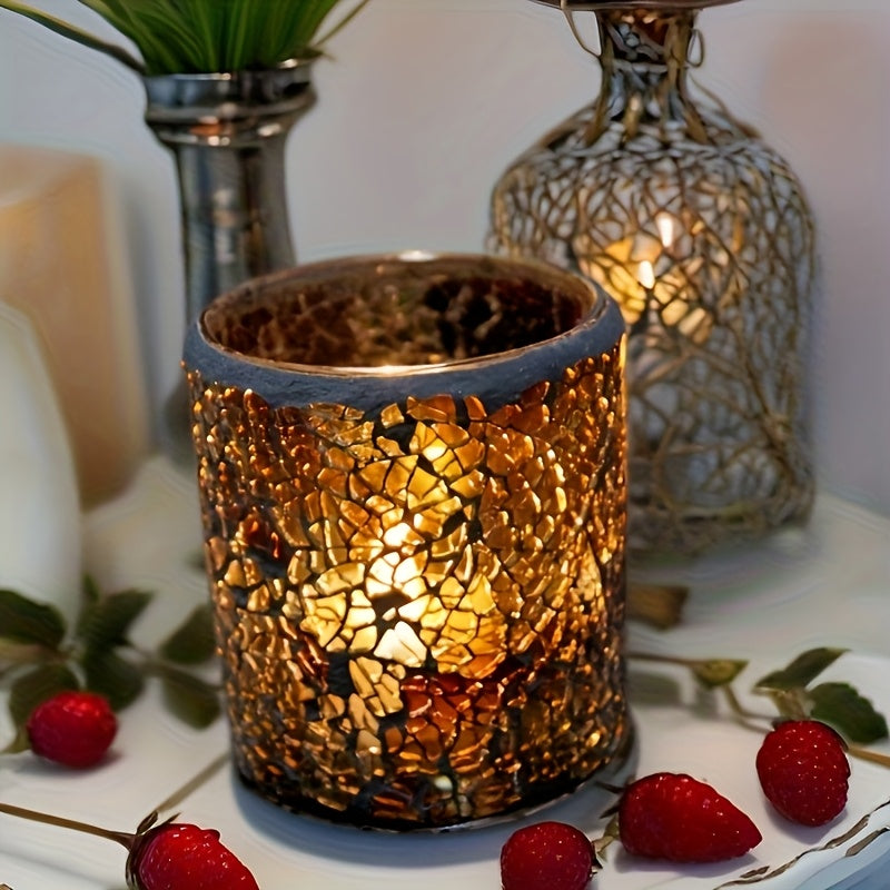 Photophore Élégant en Verre Ambré, Design Mosaïque sur Pied – Idéal pour une Déco Romantique, Dîners aux Chandelles et Cadeaux Festifs