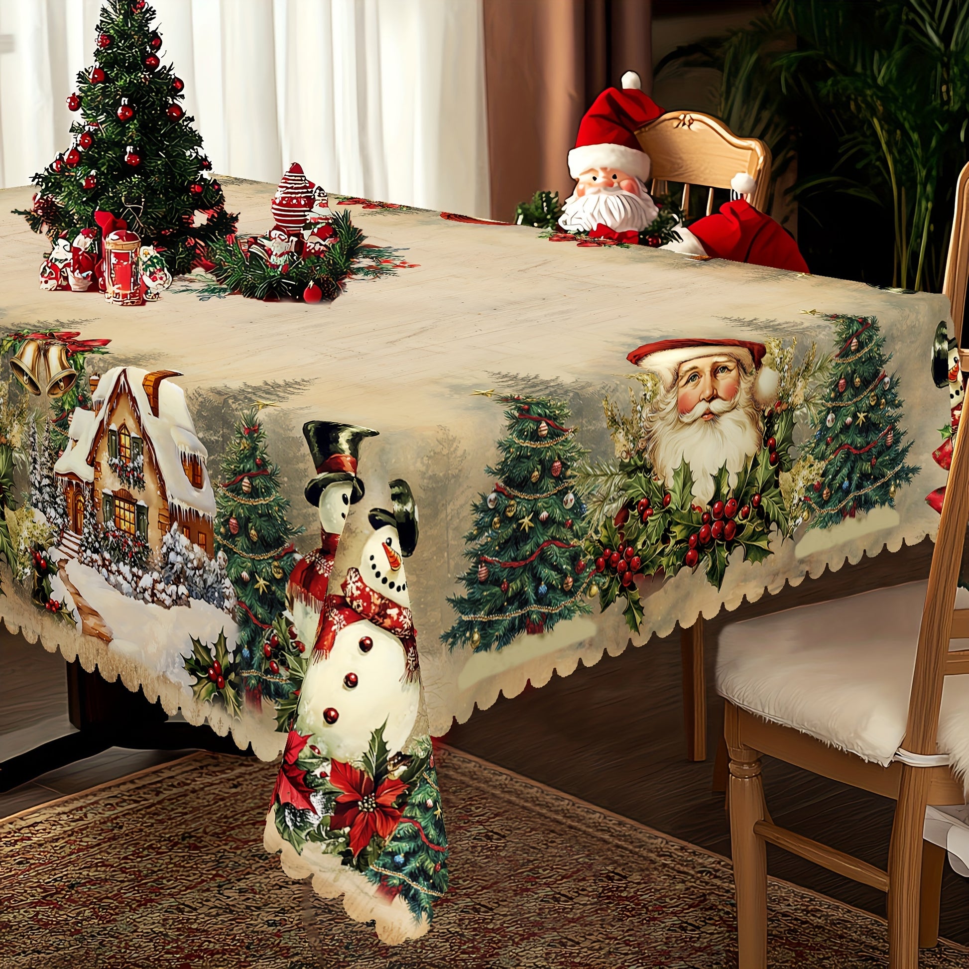 Nappe en polyester, motif bois rétro, thème Noël avec Père Noël et fleurs