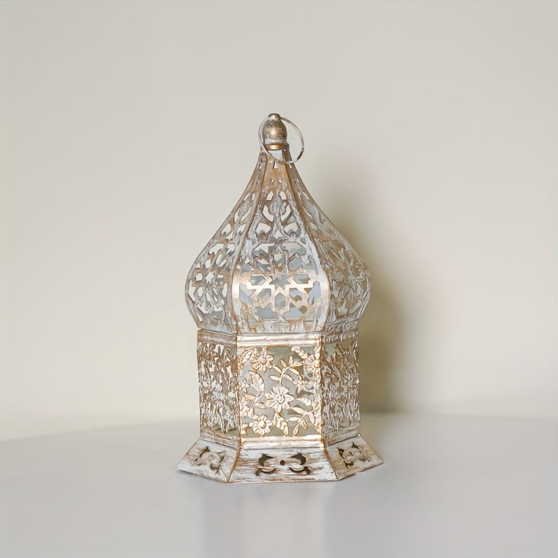 Lanterne décorative élégante blanche à bords dorés – motifs floraux délicats, base en fer robuste, idéale pour les mariages, Noël et la décoration intérieure – Bougie non incluse, porte-bougie.
