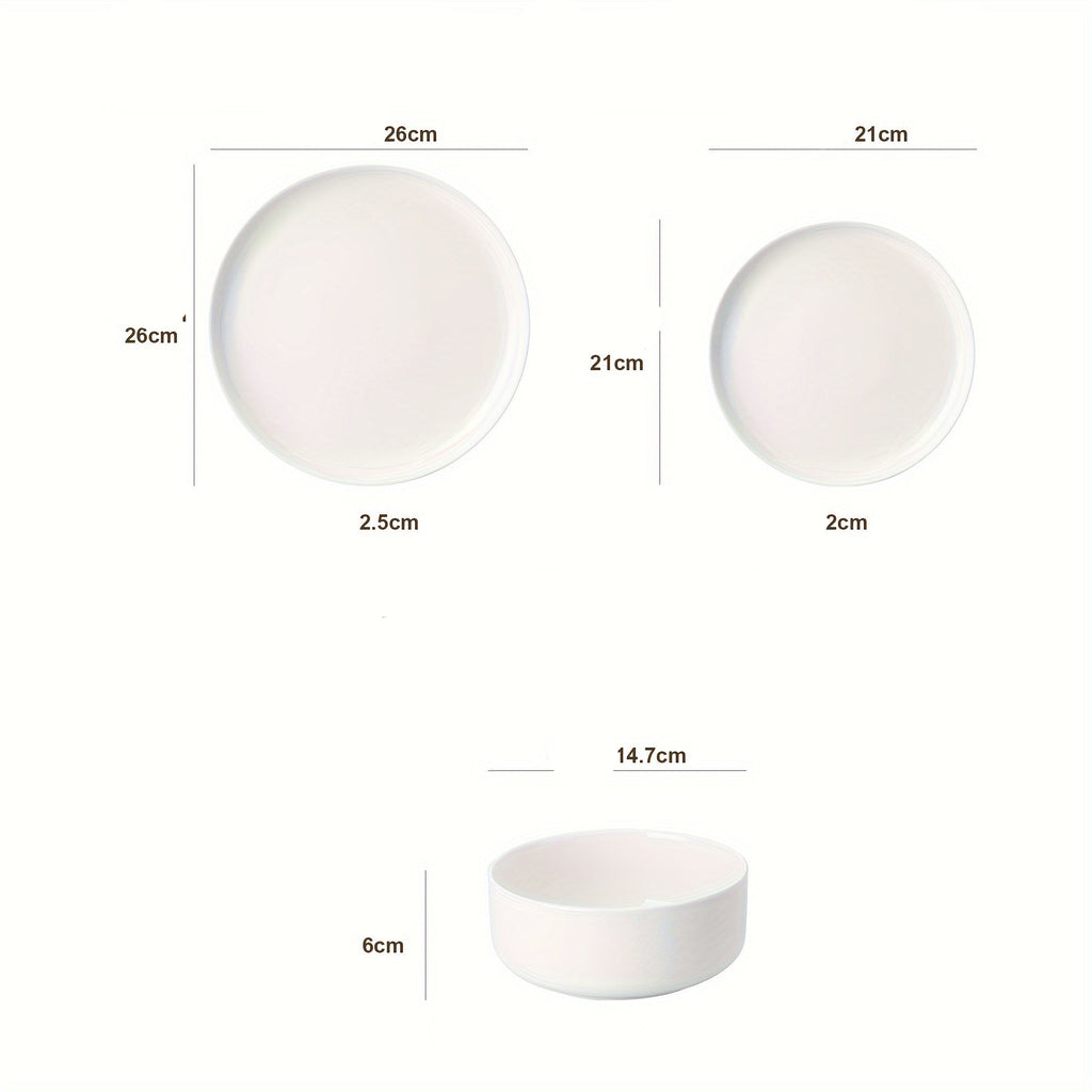 Service de vaisselle en porcelaine blanc ivoire 18 pièces avec assiette plate, assiette à dessert et bol à salade, pour 6 personnes.