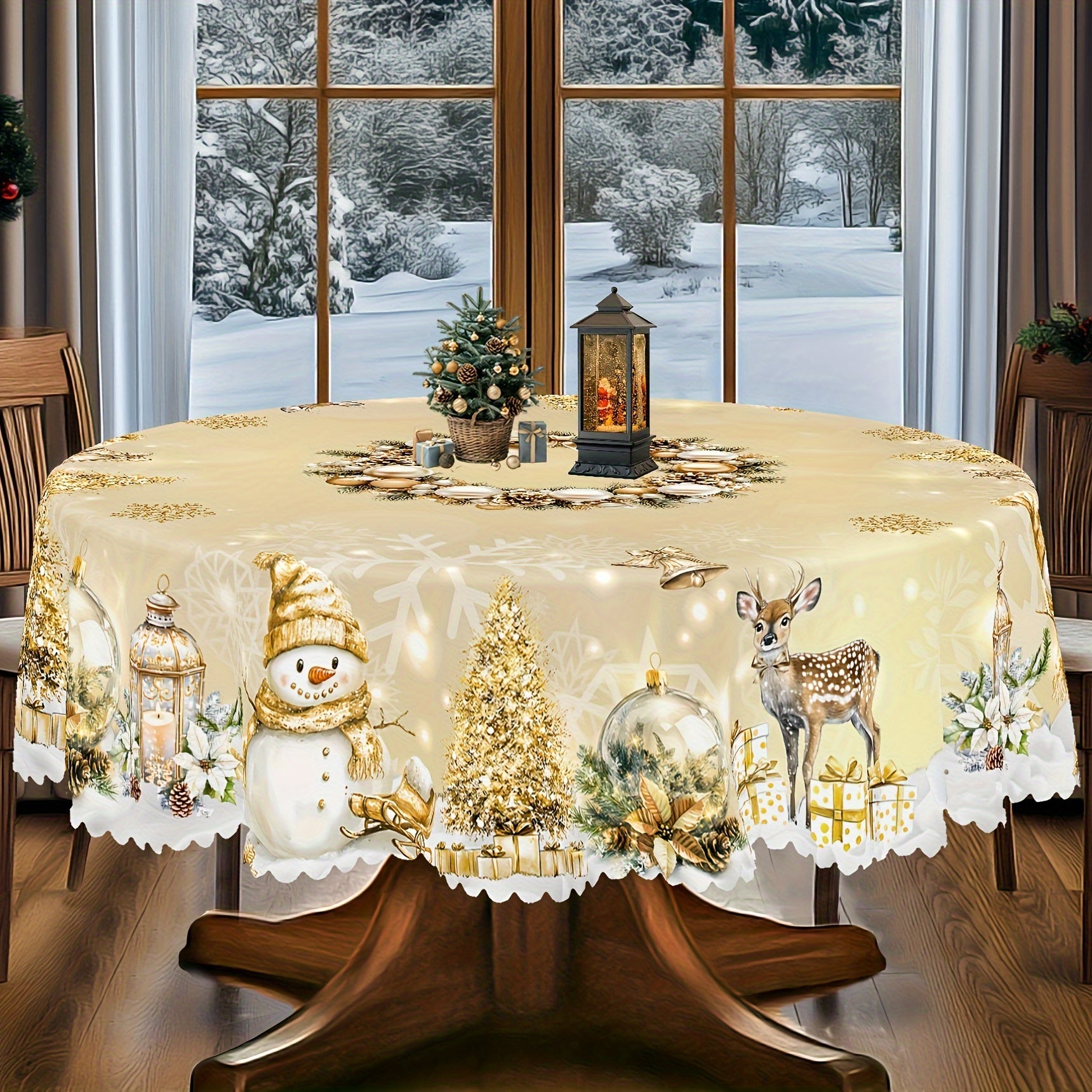 Nappe de Noël rustique en polyester, doré et blanc, motif vintage bonhomme de neige et renne