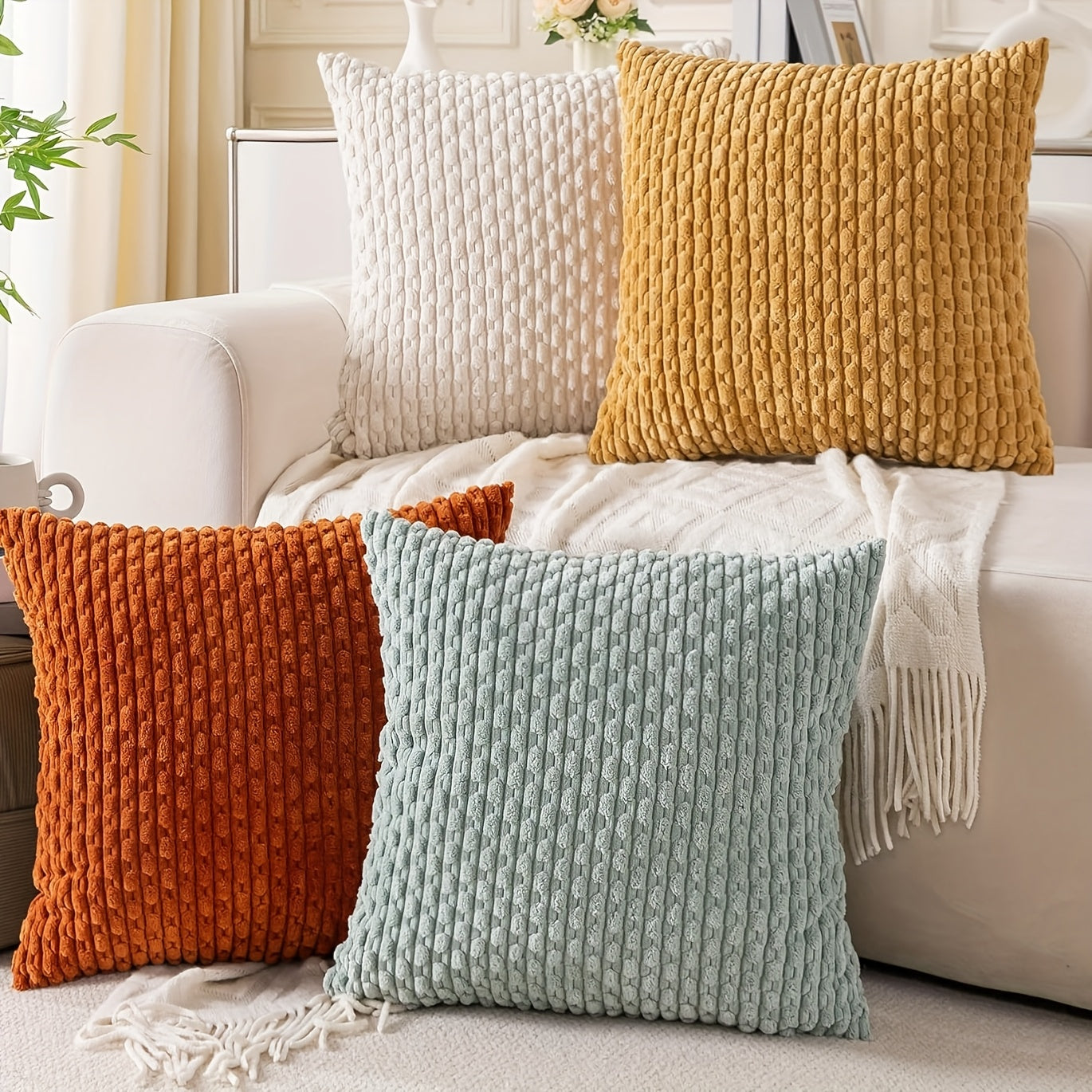 4 housses de coussin en peluche rayées – Style bohème chic et maison de campagne, doux polyester, fermeture éclair, lavables en machine – Idéales pour la décoration du canapé