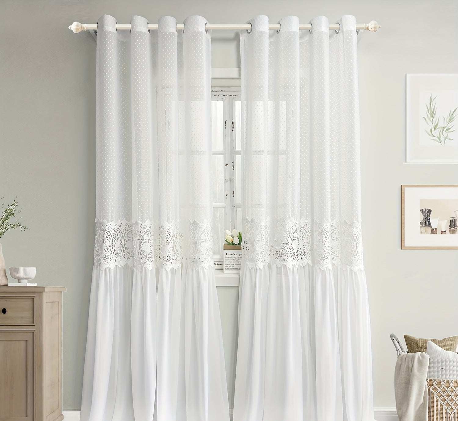 Rideaux transparents romantiques français en dentelle à motif floral