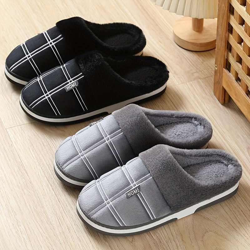 Chaussons pour hommes , classiques à carreaux, ajourés et duveteux, confortables avec semelle thermique antidérapante en caoutchouc, à enfiler pour la chambre, hiver et automne.