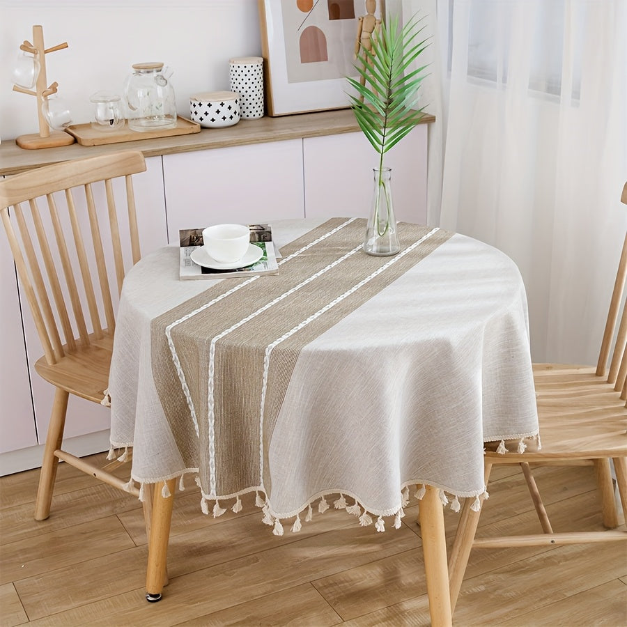 Nappe style japonais – napperon circulaire en polyester rayé marron avec franges, ambiance cocooning