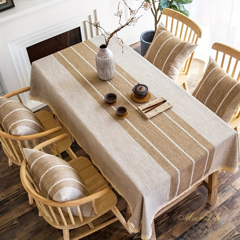 Nappe lavable résistante aux taches 1 pièce, nappe décorative en lin à franges, protège de la poussière﻿mp Splicing Vintage Hollow Beige Tassel Tablecloth For Picnic, Kitchen Decor, Room Decor, Camping, Wedding, Birthday Party