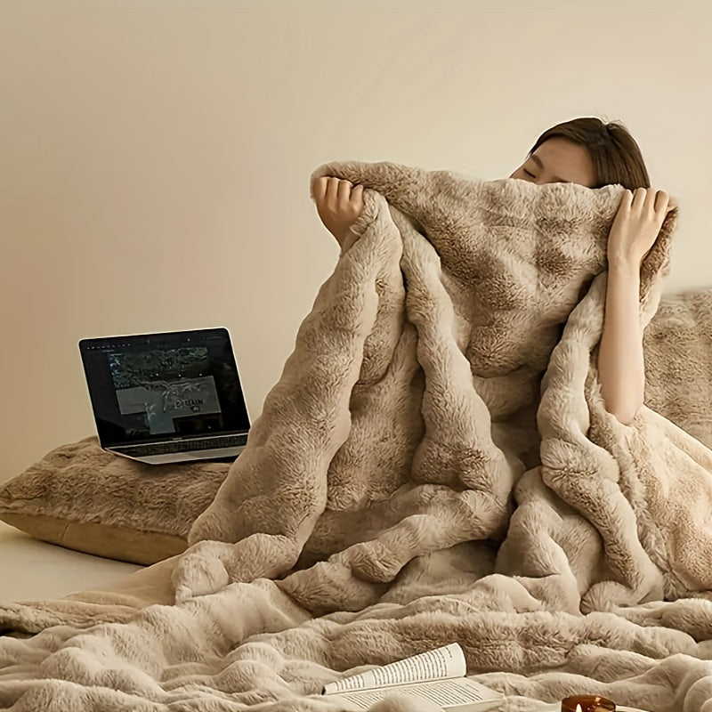 Couverture en peluche ultra-douce – épaisse, réversible en polaire à bulles pour voyage, canapé, lit et décoration intérieure – lavable en machine, confort toutes saisons, en blanc