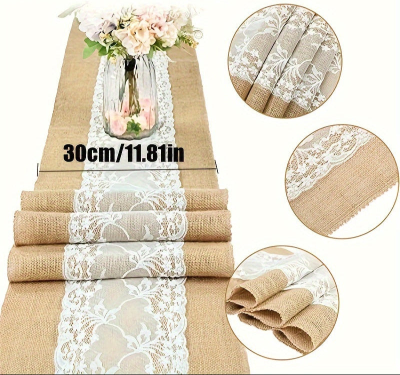Chemin de table , drapeau de table, nappe en lin grossier, nappe épaisse en lin avec dentelle, adaptée à la décoration de table de mariage, aux fêtes et aux accessoires de maison.