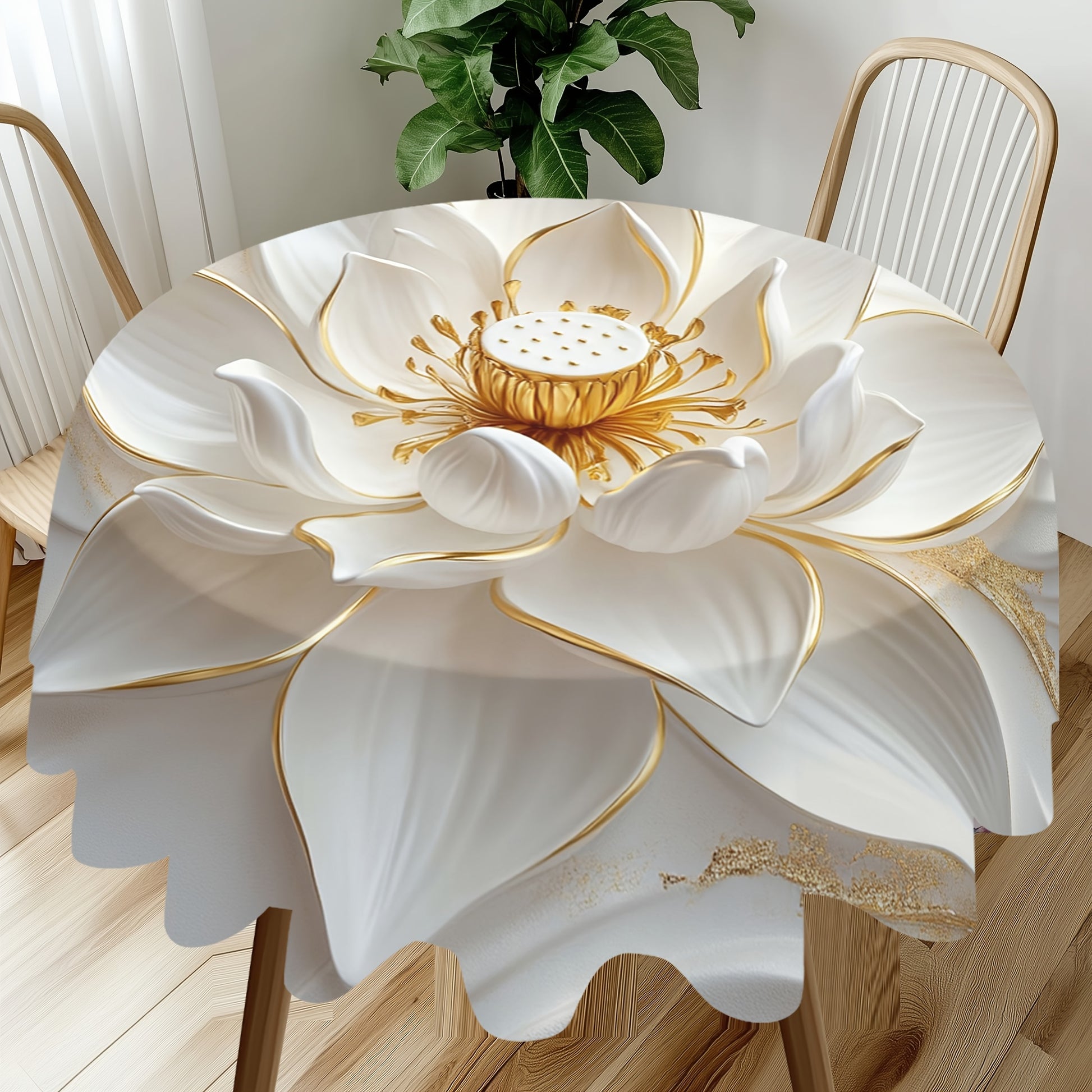Nappe ronde élégante blanche et dorée avec motif lotus en relief 3D – 152,4 cm, en polyester, fabrication mécanique, nappe décorative pour la maison, la cuisine et la décoration extérieure . Mise de table élégante