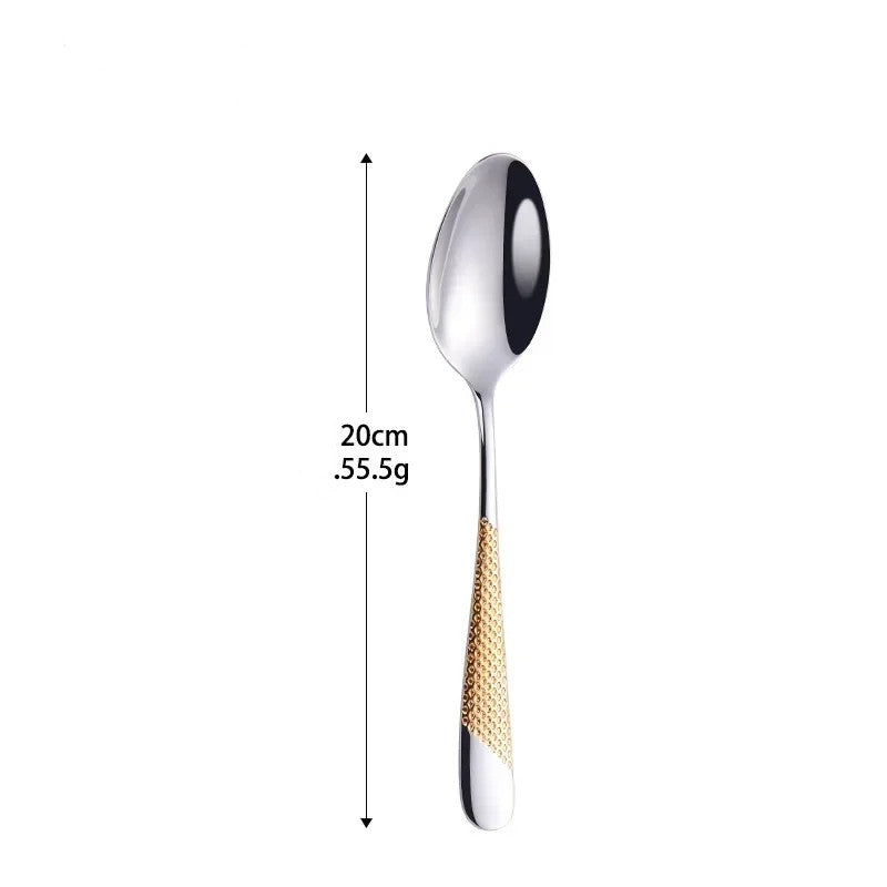 Ensemble de couverts dorés en acier inoxydable – Fourchette, cuillère, couteau – Service de table complet pour la cuisine