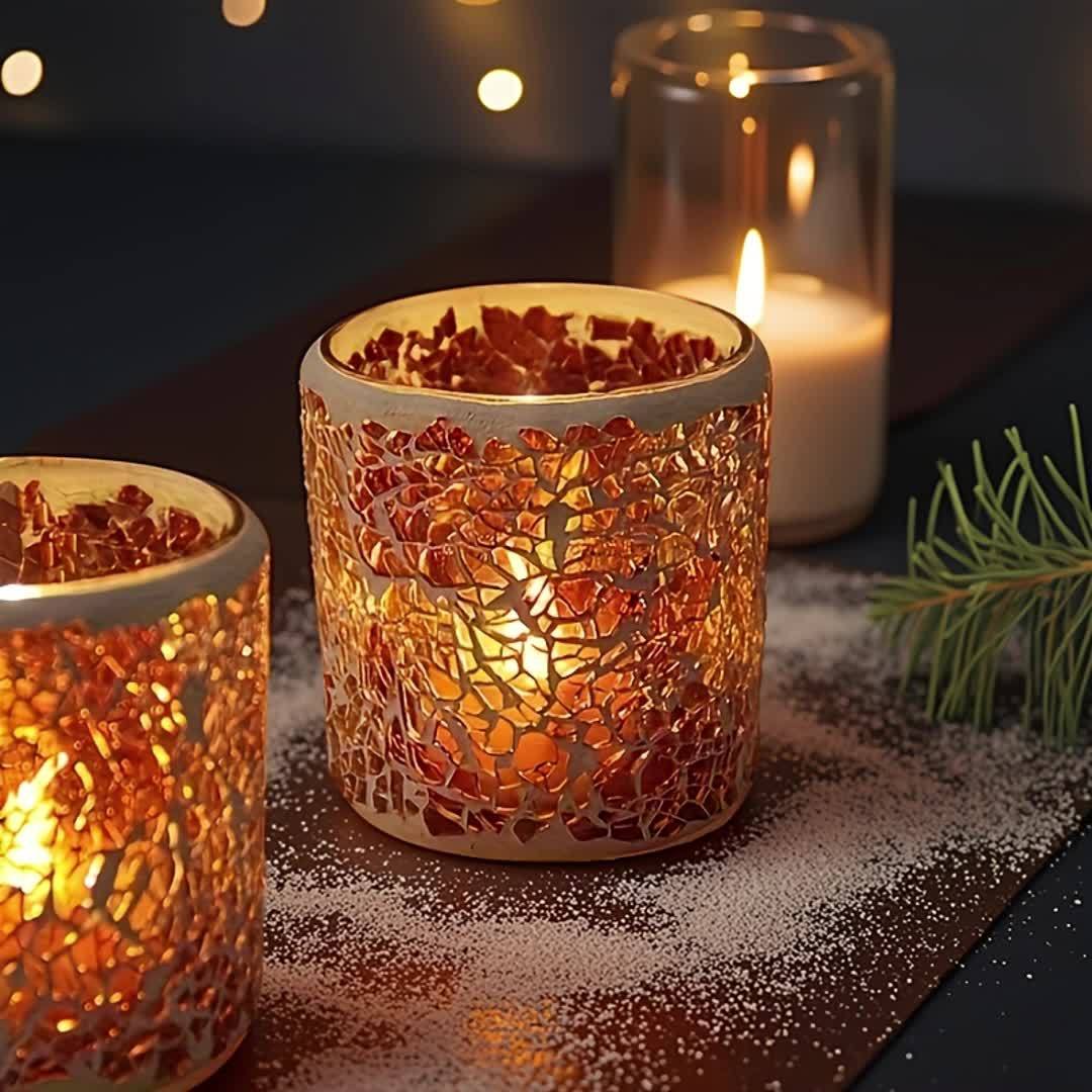 Photophore Élégant en Verre Ambré, Design Mosaïque sur Pied – Idéal pour une Déco Romantique, Dîners aux Chandelles et Cadeaux Festifs