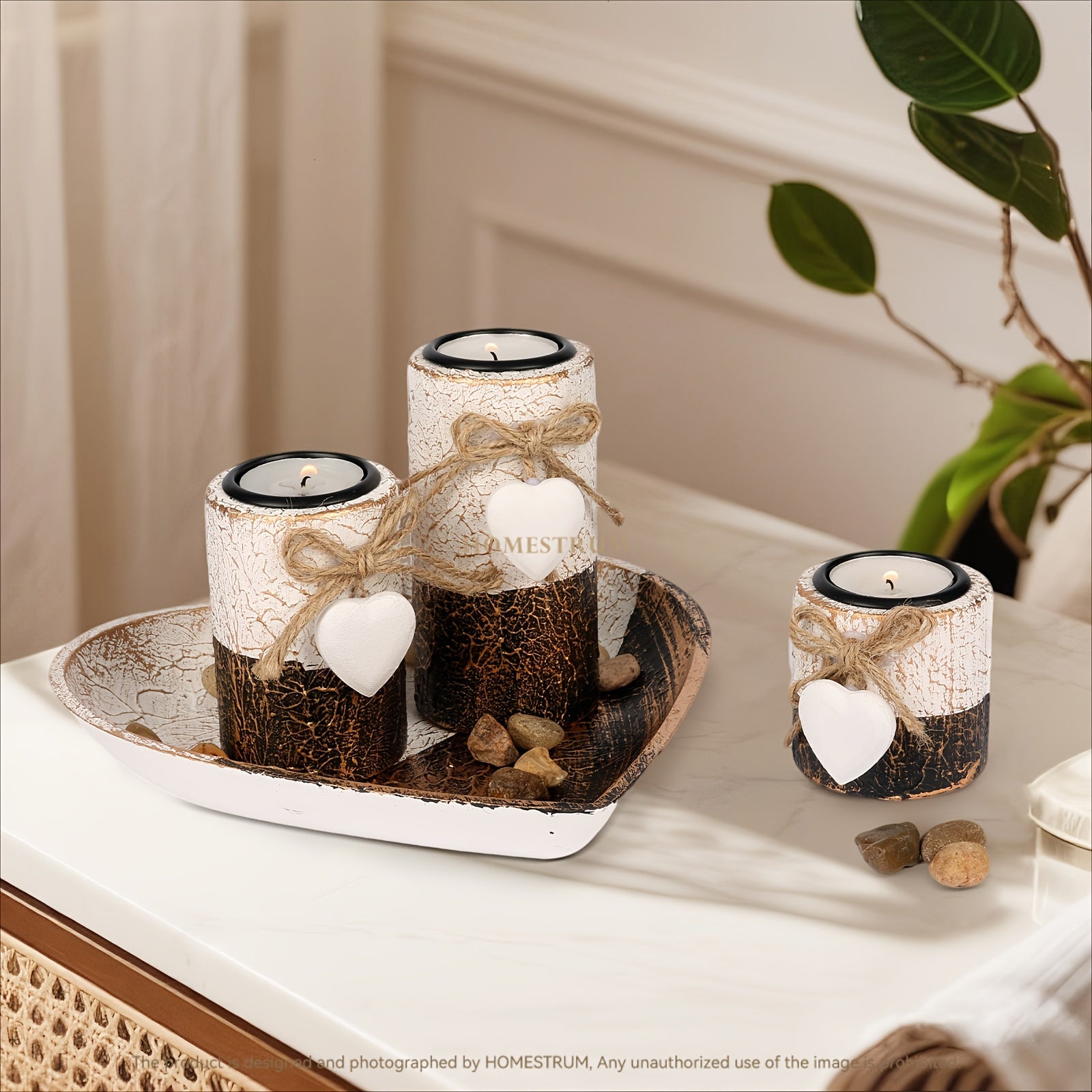 Set de 3 Bougeoirs en Bois Blanc avec Cœur – Support à Bougies , Plateau Décoratif en Forme de Cœur, Cadeau de Noël et Saint-Valentin