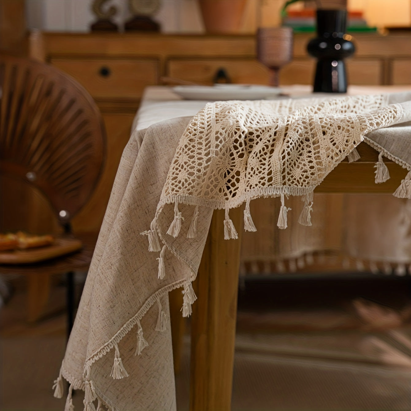 Nappe en lin, nappe bohème purement faite à la main au crochet, nappe rétro en chanvre à empiècement ajouré beige avec franges, adaptée pour table de Noël, pique-nique, décoration anti-poussière, décoration de pièce.