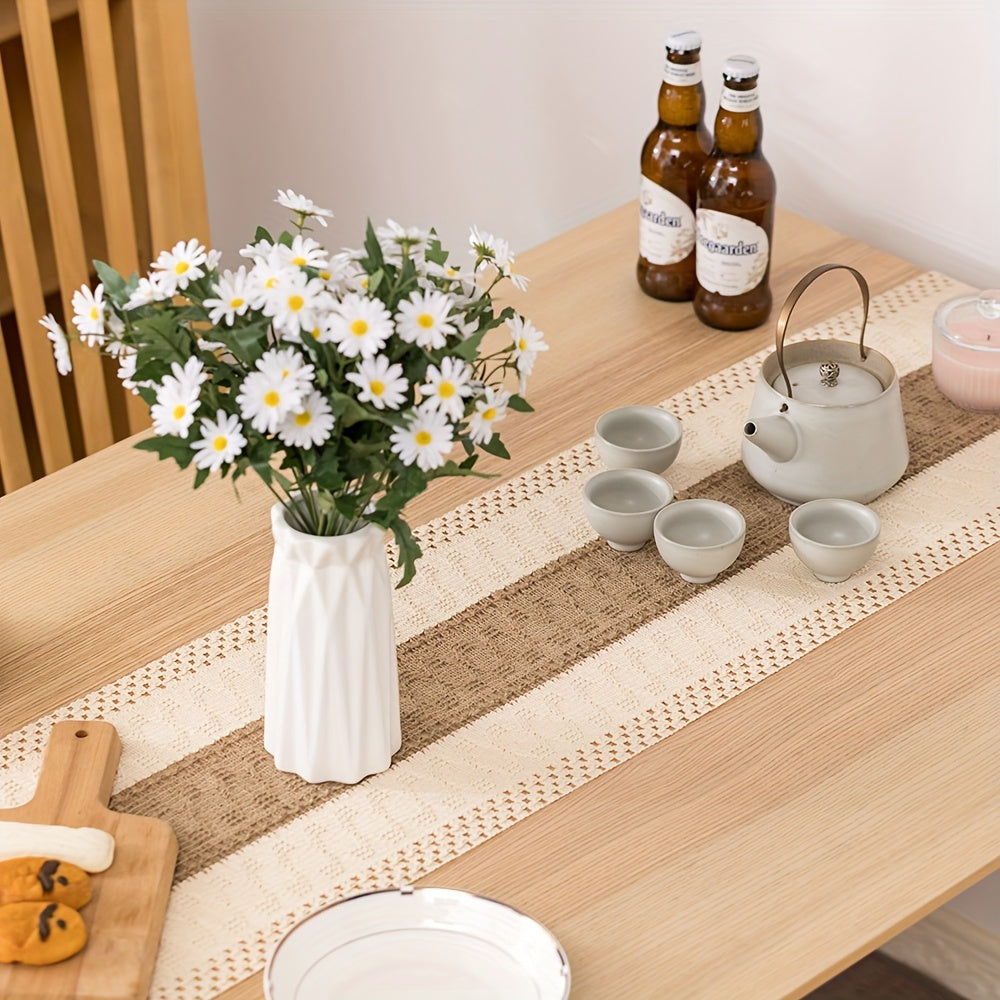 Chemin de table à pampilles style bohème, 1 pièce en coton et lin tissé à rayures, longue bande en fil de jute pour décoration de table de salle à manger, idéale pour mariage, fournitures de fête et décoration de vacances