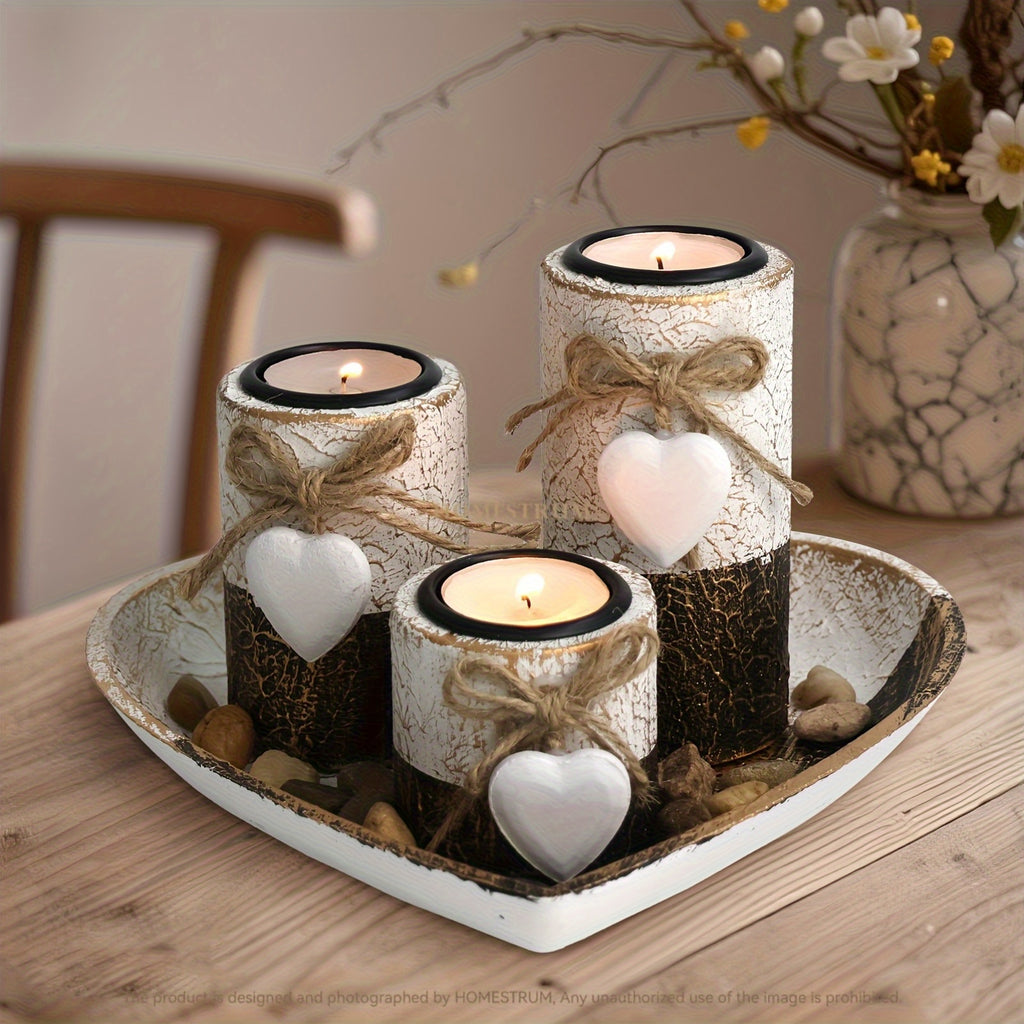 Set de 3 Bougeoirs en Bois Blanc avec Cœur – Support à Bougies , Plateau Décoratif en Forme de Cœur, Cadeau de Noël et Saint-Valentin