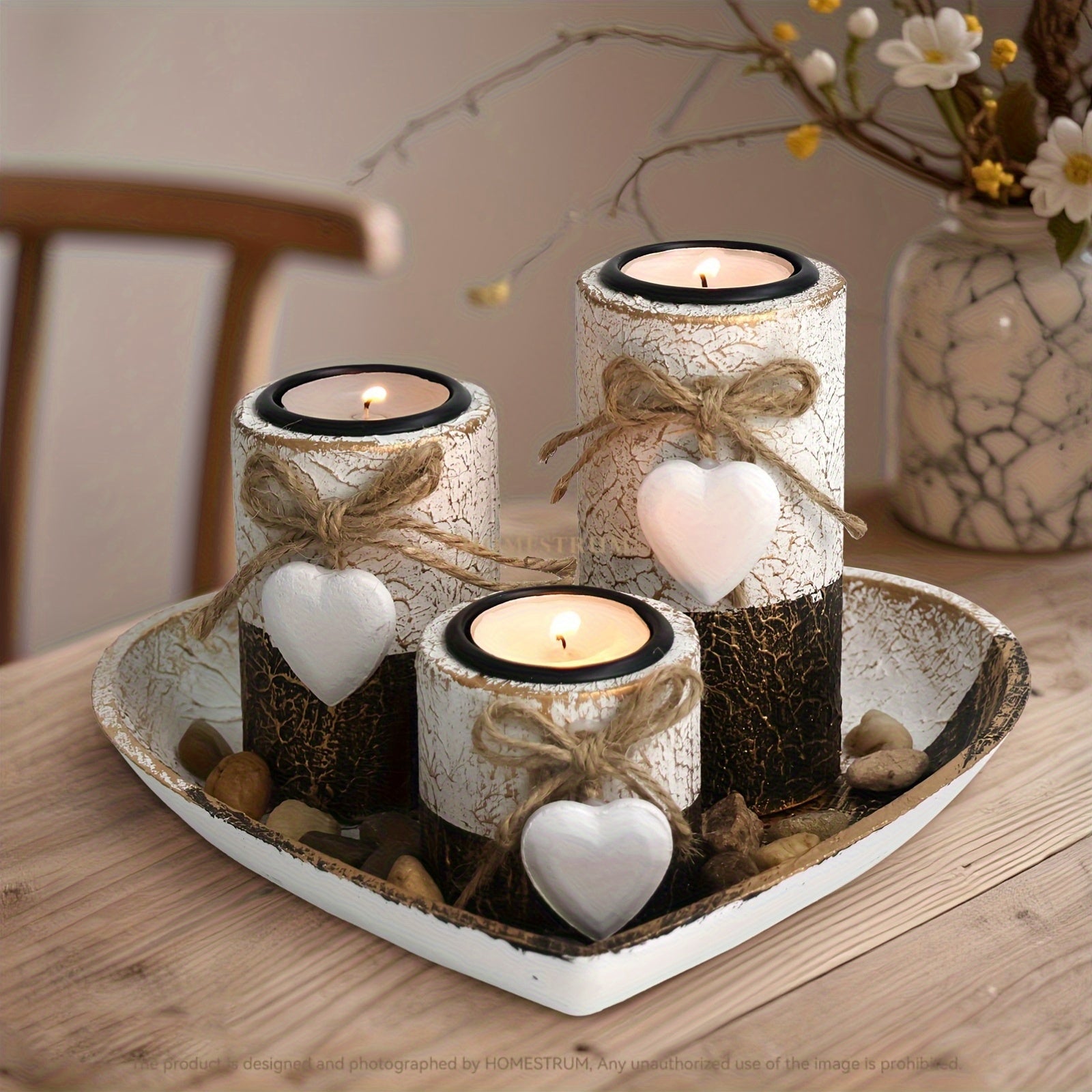 Set de 3 Bougeoirs en Bois Blanc avec Cœur – Support à Bougies , Plateau Décoratif en Forme de Cœur, Cadeau de Noël et Saint-Valentin