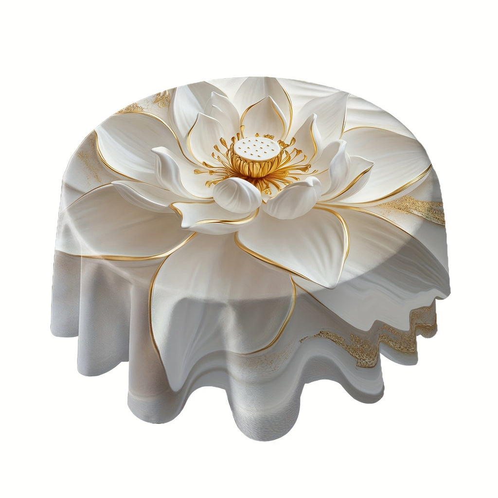 Nappe ronde élégante blanche et dorée avec motif lotus en relief 3D – 152,4 cm, en polyester, fabrication mécanique, nappe décorative pour la maison, la cuisine et la décoration extérieure . Mise de table élégante
